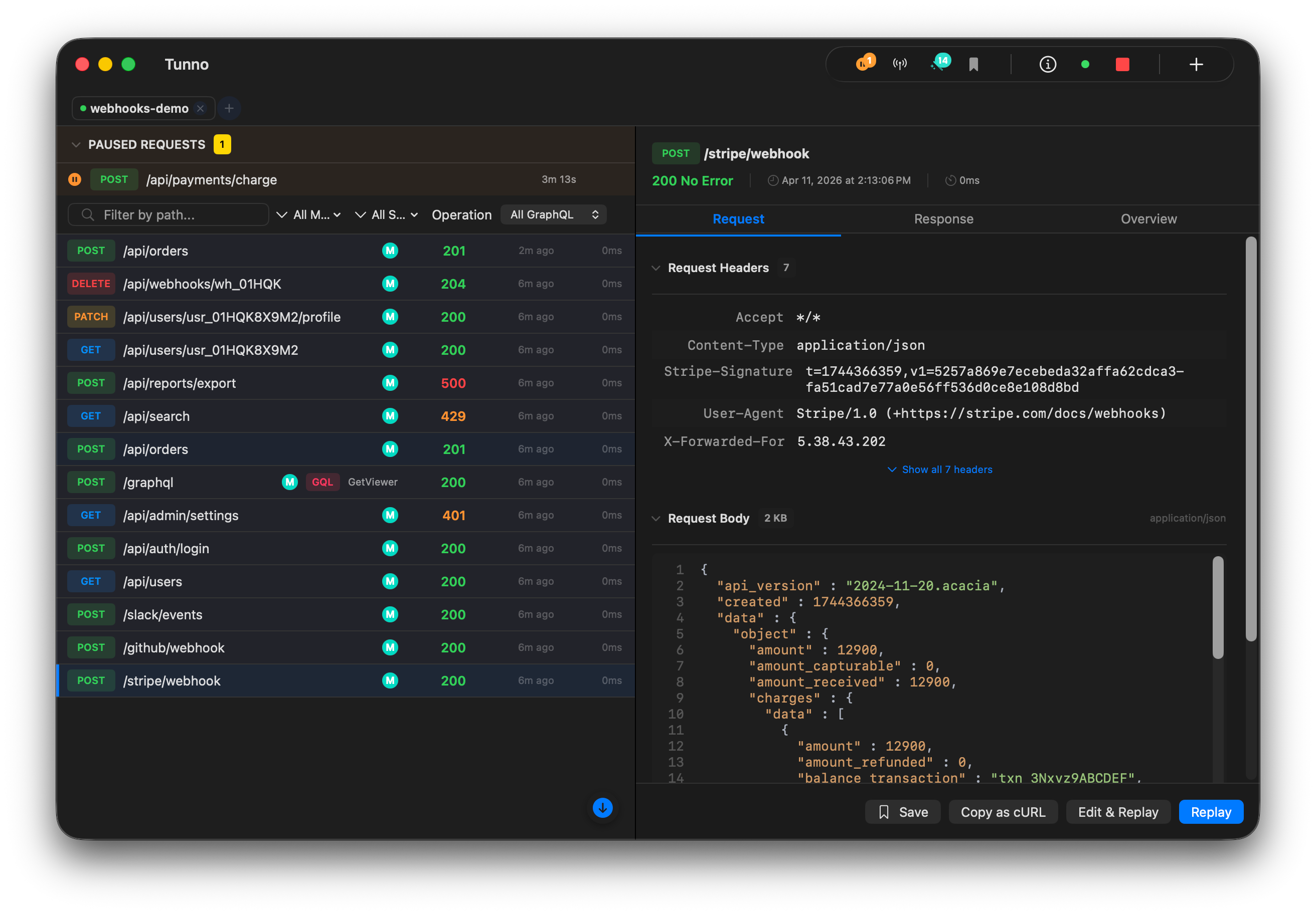 Tunno macOS app displaying the live request inspector — captured webhooks, request headers, and JSON response body